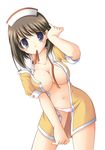  adjusting_hair anegasaki_nene aomi_riru areola_slip areolae bad_id bad_pixiv_id breasts brown_hair cameltoe covered_nipples hat large_breasts leaning_forward love_plus mole mole_under_eye mouth_hold open_clothes open_shirt panties shirt solo underwear waitress 