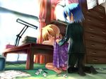  1girl ayasaki_hayate barefoot blonde_hair blue_eyes blue_hair butler casual covering_with_blanket drawer hayate_no_gotoku! kotsu lamp long_hair perspective sanzen'in_nagi sleeping twintails 