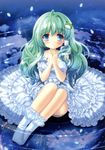  absurdres blue_eyes dress frilled_dress frills frog green_hair hair_ornament hands_together highres huge_filesize kino_(kino_konomi) kochiya_sanae long_hair macchatei_koeda own_hands_together ripples sitting socks solo touhou water white_dress white_legwear 