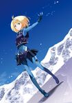  antenna_hair aqua_eyes blonde_hair bob_cut bodysuit day dutch_angle hairband heavy_object inue_shinsuke milinda_brantini mountain official_art outstretched_arm short_hair sky snow solo vest 