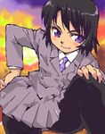  black_hair blush hand_on_hip hands_on_knees necktie oekaki pantyhose purple_eyes school_uniform short_hair yuya 