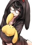  bespectacled biting black_hair breasts buttons character_doll cleavage darth_wooser doll glasses hood hoodie long_hair makimura_shunsuke medium_breasts original red_eyes solo wooser_(character) 