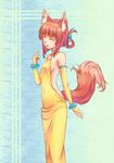  animal_ears backless_dress backless_outfit bad_id bad_pixiv_id bare_shoulders bracelet breasts bridal_gauntlets brown_hair closed_eyes dress enja_niuhali folded_ponytail fox_ears fox_tail gloves halterneck jewelry kawagoe_pochi lotte_no_omocha! navel sideboob small_breasts smile solo tail yellow_dress yellow_gloves 