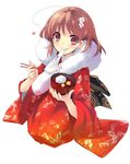  brown_hair eating flyable_heart hair_ornament heart inaba_yui itou_noiji japanese_clothes kimono pink_eyes smile solo 