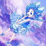  alternate_costume bad_id bad_pixiv_id bare_shoulders bloomers blue_eyes blue_hair bow cirno dress forehead hair_bow hair_ribbon highres kansou_samehada ribbon sleeveless sleeveless_turtleneck solo touhou turtleneck underwear wind wind_lift wings 