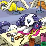  cub cutie_mark duo equine eyeshadow fashion female feral friendship_is_magic fur horn john_joseco long_day_at_work makeup mammal my_little_pony rarity_(mlp) scissors sewing sleeping solo sweetie_belle_(mlp) unicorn white_fur work young 