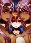  alena_(dq4) blue_eyes breast_press breasts circlet commentary dark_skin dragon_quest dragon_quest_iv hat jewelry kida_sukizou large_breasts long_hair looking_at_viewer manya minea multiple_girls necklace orange_hair purple_eyes purple_hair siblings sisters symmetrical_docking twins 