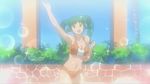  bikini bush glitter green_eyes green_hair plant pool smile solo solty_rei solty_revant swimsuit tree waving 