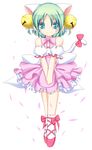  animal_ears bell bow cat_ears cat_tail colorized cosplay dejiko di_gi_charat dress frills green_eyes green_hair looking_at_viewer noumin shun_(minihouse) simple_background smile solo tail usada_hikaru usada_hikaru_(cosplay) white_background 