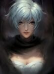  1girl absurdres artist_name breasts chuby_mi cleavage cloak closed_mouth commentary_request dark_background highres large_breasts lips looking_at_viewer original portrait revision short_hair solo upper_body watermark white_eyes white_hair 