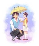  1girl 723_(tobi) animal_themed_umbrella bad_id bad_pixiv_id brown_hair closed_eyes facial_hair father_and_daughter holding holding_umbrella kaburagi_kaede kaburagi_t_kotetsu kneehighs rain shared_umbrella short_hair side_ponytail stubble sweater_vest tiger_&amp;_bunny umbrella vest white_legwear 