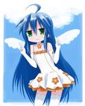  :3 ahoge bad_id bad_pixiv_id blue_hair dress elbow_gloves flat_chest gloves green_eyes isou_nagi izumi_konata long_hair lucky_star mole mole_under_eye smile solo thighhighs v wings 