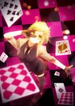  bad_id bad_pixiv_id blurry card depth_of_field falling_card formal from_above garter_straps gloves green_eyes green_hair gumi horns necktie playing_card poker_face_(vocaloid) short_hair solo suit thighhighs vocaloid zuoyou 