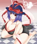  barefoot bikini blue_eyes breast_hold breasts checkered checkered_floor collarbone cube_(circussion) feet hat huge_breasts large_breasts nagae_iku red_eyes shawl sitting solo swimsuit touhou wariza 