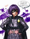  belt belt_pouch bob_cut cape gun handgun hands_on_hips highres hit-girl holster kick-ass mad_(artist) mask pistol plaid plaid_skirt pouch purple_hair realistic short_hair skirt solo weapon 