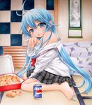  barefoot blue_eyes blue_hair can denpa_onna_to_seishun_otoko feet food food_on_face hands jpeg_artifacts long_hair marker_(medium) millipen_(medium) off_shoulder open_mouth pastel_(medium) pepsi pizza skirt solo touwa_erio traditional_media very_long_hair yukitsuki_kokoro 