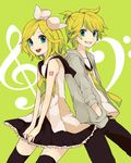  1girl back-to-back bad_id bad_pixiv_id bare_shoulders black_legwear blonde_hair blue_eyes bow brother_and_sister grin hair_bow hair_ornament hairclip hands_in_pockets highres jacket kagamine_len kagamine_rin monaco_(rmn02) musical_note necktie open_mouth sailor_collar short_hair siblings simple_background skirt sleeveless smile thighhighs twins vocaloid yellow_neckwear zettai_ryouiki 