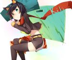  black_hair green_eyes kemonomimi kiki_(koba) midriff navel original scarf short_hair shorts thighhighs 