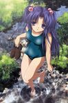  absurdres blue_hair clannad hair_bobbles hair_ornament highres ichinose_kotomi long_hair one-piece_swimsuit school_swimsuit swimsuit third-party_edit 