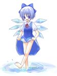  barefoot blush bow cirno dress ribbon skirt_hold solo touhou wading water yuzuki_(yuduame) 