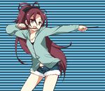  akr_et bow casual dual_wielding food hair_bow holding jacket long_hair looking_at_viewer mahou_shoujo_madoka_magica navel open_mouth outstretched_arm pocky red_eyes red_hair sakura_kyouko short_shorts shorts smile solo striped striped_background 