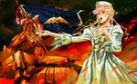  bad_id bad_pixiv_id birdhuman blonde_hair dress earrings epic fire flag hat jewelry lips long_hair macross macross_frontier macross_frontier:_sayonara_no_tsubasa mayan mecha music oldschool opera_act protoculture realistic ruins shield singing vf-25 