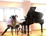  back-to-back black_legwear blue_eyes chiyo_(rotsurechiriha) dark_precure glasses grand_piano green_hair heartcatch_precure! highres instrument kneehighs long_hair multiple_girls piano piano_bench precure purple_hair school_uniform short_hair sitting skirt thighhighs tsukikage_yuri wind window 