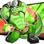  2018 anthro barazoku biceps blush clothed clothing cock_ring crocodile crocodilian cum cum_on_penis cum_string erection flexing footwear headphones hi_res humanoid_penis kneeling looking_at_viewer male manly mostly_nude muscular muscular_male pecs penis pose precum presenting presenting_penis reptile rolz scalie sharp_teeth shoes shorts smile solo sonic_(series) teeth tight_clothing topless triceps vector_the_crocodile video_games yellow_eyes 