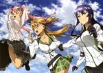  busujima_saeko cleavage glasses highschool_of_the_dead miyamoto_rei panties seifuku sky striped_panties takagi_saya underwear 