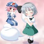  between_breasts blush bow bowtie breasts chibi cleavage closed_eyes ghost hairband hat hitodama japanese_clothes konpaku_youmu konpaku_youmu_(ghost) medium_breasts multiple_girls pink_hair red_eyes riku_(rikkuru) saigyouji_yuyuko short_hair silver_hair sitting smile socks standing touhou triangular_headpiece vest white_legwear 