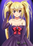  bare_shoulders blonde_hair bow breasts cleavage diesel-turbo dress elbow_gloves gloves hoshina_utau long_hair medium_breasts microphone purple_eyes shugo_chara! solo strapless strapless_dress twintails 