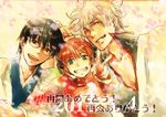  2boys acaco black_hair bun_cover chinese_clothes double_bun gintama green_eyes japanese_clothes kagura_(gintama) multiple_boys open_mouth red_hair sakata_gintoki shimura_shinpachi v white_hair 