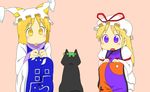  animal_ears arawi_keiichi_(style) batta_(ijigen_debris) blonde_hair cat cat_ears chen chen_(cat) earrings hat jewelry long_hair mogura_(nichijou) multiple_girls nichijou open_mouth parody purple_eyes ribbon short_hair sitting style_parody touhou yakumo_ran yakumo_yukari yellow_eyes 