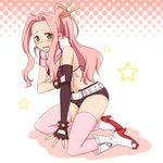  bad_id bad_pixiv_id belt bikini_top blush boots cosplay darry_adai embarrassed fingerless_gloves gloves green_eyes hair_ornament hair_stick long_hair midriff open_mouth pink_hair ponytail rikko_(peso) scarf short_shorts shorts solo star studded_bracelet tengen_toppa_gurren_lagann thighhighs yoko_littner yoko_littner_(cosplay) 