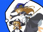  apron blonde_hair blue_background blush bow braid frills halftone halftone_background hat kirisame_marisa long_hair neki-t open_mouth simple_background single_braid skirt solo thought_bubble touhou witch_hat 