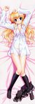  bed bekkankou black_kneehighs blue_eyes blush cleavage dakimakura dress_shirt fortune_arterial hair_ribbon high_res kneehighs long_hair lying open_shirt oppai pantsu ribbon sendou_erika sheets skirt socks stick_poster tagme white_shirt 