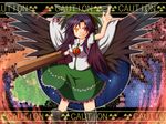  arm_cannon arm_up black_hair breasts cape caution dash_(rararu) glowing glowing_eyes grin long_hair medium_breasts radiation_symbol red_eyes reiuji_utsuho skirt smile solo symbol-shaped_pupils third_eye touhou weapon wings 