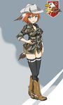  bad_id bad_pixiv_id blue_eyes boots camouflage commentary cowboy_boots cowboy_hat dakku_(ogitsune) feathers full_body hair_feathers hat head_wings orange_hair sleeves_rolled_up solo strike_witches_1991 tail thighhighs uniform western world_witches_series 