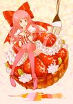  absurdres bad_id bad_pixiv_id bow cake cake_dress food food_as_clothes food_print food_themed_clothes fork fruit hair_bow highres minigirl ochakai_shin'ya original panties personification print_panties solo strawberry strawberry_panties strawberry_print thighhighs underwear whipped_cream 