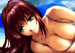  bikini breasts brown_hair cleavage day green_eyes hisahiko large_breasts long_hair lowres lying on_side setsuko_ohara solo super_robot_wars super_robot_wars_z swimsuit 