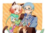  1girl :d animal_ears black_legwear blonde_hair blue_eyes blue_hair blue_shirt blush brown_eyes brown_hair carrying cat_ears cat_tail chachi_(azuzu) couple fangs glasses gloves grin heart hetero hubert_ozwell kemonomimi_mode long_hair multicolored_hair open_mouth pantyhose pascal paw_gloves paws pink_hair pouch princess_carry red_eyes scarf school_uniform shirt short_hair smile tail tales_of_(series) tales_of_graces 