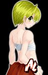  1boy al al_(ssf4) androgynous angry bandage black_background blonde_hair child glowing looking_back lowres male male_focus shin_(studios) short_hair solo super_strip_fighter_4 super_strip_fighters_4 trap yellow_eyes 