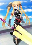  ayato bardiche blonde_hair cape energy_sword fate_testarossa gauntlets gloves hair_ribbon long_hair lyrical_nanoha mahou_shoujo_lyrical_nanoha_strikers red_eyes ribbon solo sword thighhighs twintails weapon 