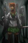  blood breasts danger gun hallway highres highschool_of_the_dead large_breasts miyamoto_rei sword weapon zombie 