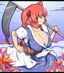  bad_id bad_pixiv_id breasts cleavage cloud flower futaba_suetsuki hair_bobbles hair_ornament hand_on_hip large_breasts letterboxed onozuka_komachi red_eyes red_hair scythe short_hair solo spider_lily touhou two_side_up 
