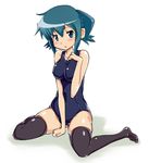 breasts covered_nipples green_eyes green_hair hidamari_sketch impossible_clothes kagami_uekusa large_breasts nori one-piece_swimsuit school_swimsuit short_hair skindentation solo swimsuit thighhighs twintails 