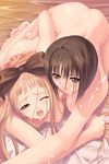  2girls bed blonde brown_eyes brown_hair cg eroge genmukan hair_ribbon long_hair nakakouji_ayano nipples nude oppai semen tagme tanimura_kaoru tony 