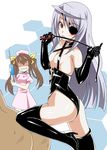  ass bdsm breasts brown_hair dominatrix elbow_gloves eyepatch femdom gloves highres huang_lingyin infinite_stratos laura_bodewig leather leotard licking long_hair multiple_girls nurse o_o red_eyes silver_hair small_breasts soukai_(lemonmaiden) syringe thighhighs tongue twintails whip 