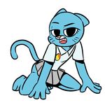  badge blue blue_body breasts butt cartoon cat clothing fangs feline female flat_chest grin gumball mammal mother nicole_watterson parent plain_background playful raised_tail shirt skirt small_breasts smile solo tail the_amazing_world_of_gumball the_amazing_world_of_gumball_(series) unknown_artist whiskers white_background 