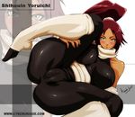  banned_artist black_bodysuit bleach blush bodysuit breasts cameltoe covered_nipples cyberunique dark_skin huge_breasts ponytail purple_hair shihouin_yoruichi skin_tight solo spread_legs thighs yellow_eyes 